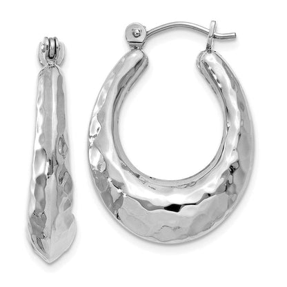 14K White Gold Polished Hammered Hoop Earrings (11Mm X 6Mm)