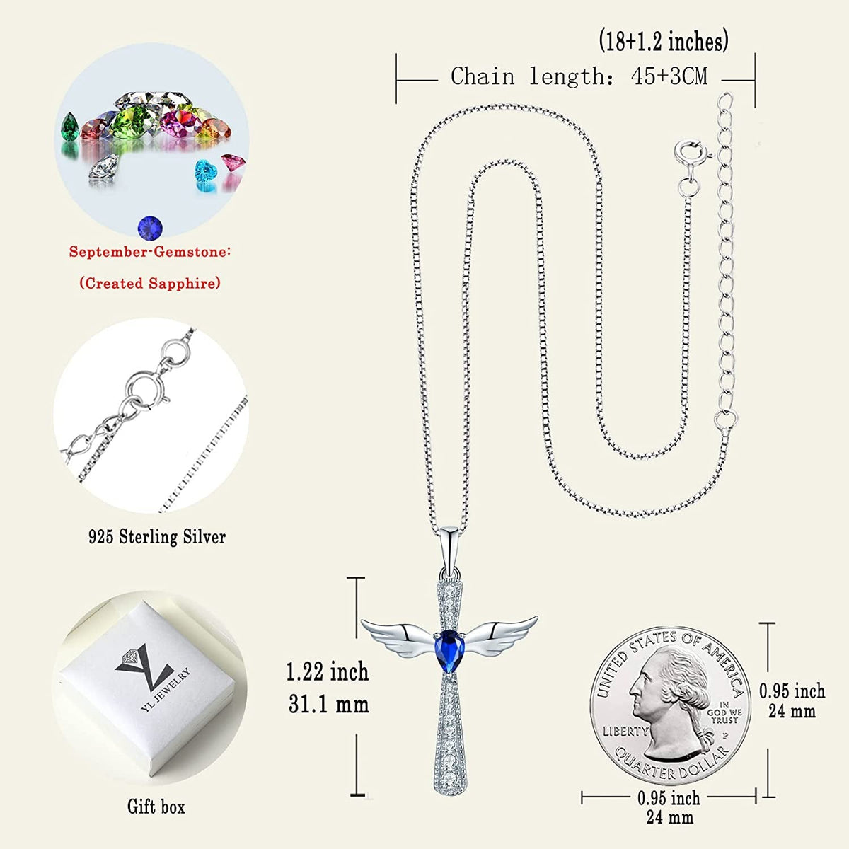 YL Cross Necklace 925 Sterling Silver Angel Wings Pendant Teardrop Cubic Zirconi