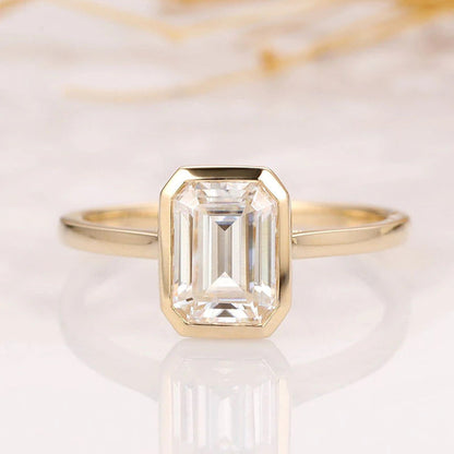 Solid 14K 585 Yellow Emerald Cut 2Ct 6*8MM Moissanite Engagement Ring for Women