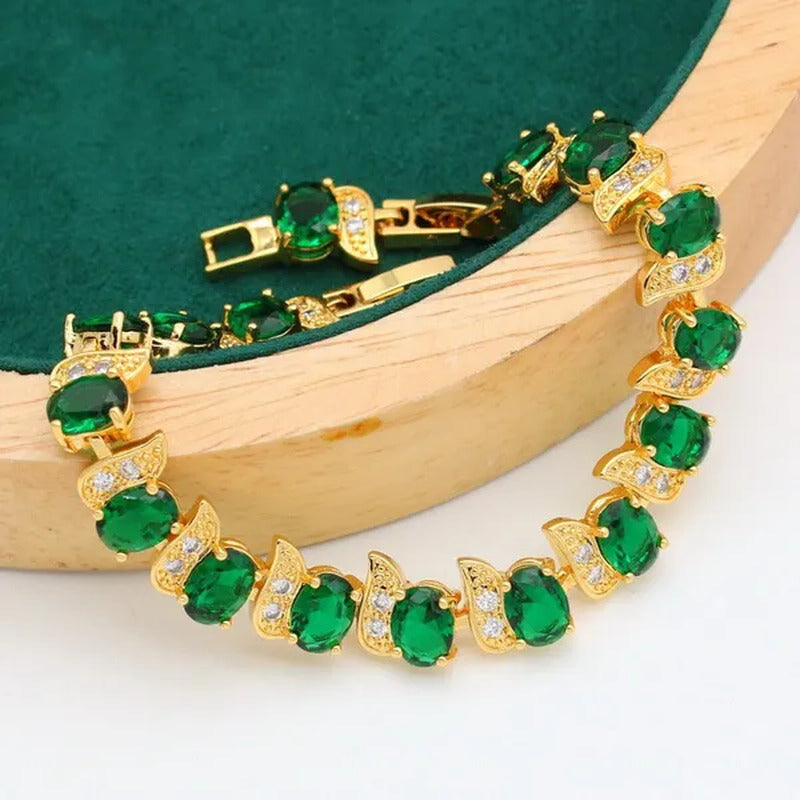 New Arrivals Gold Color Jewelry Sets for Women Wedding Green Zircon Bracelet Ear