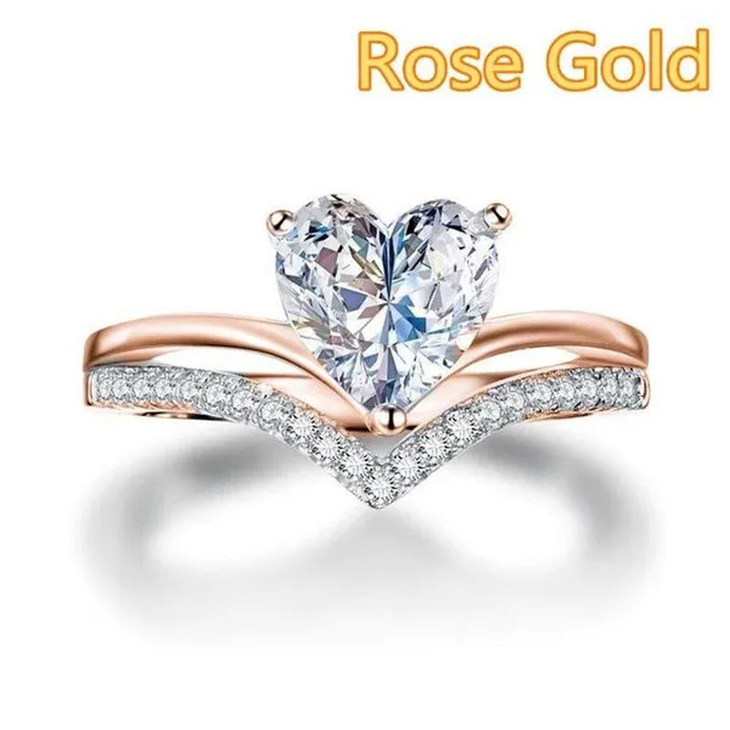 V-Shape Solitaire Ring Heart Shape Diamonds Sweet Finger Ring Two Layer Women'S