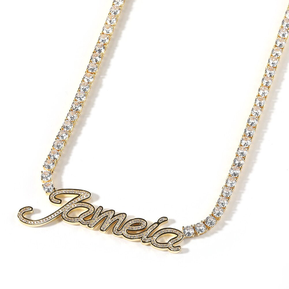 Custom Name Necklace Cursive Letters Pendant Iced Out Bling Cubic Zircon