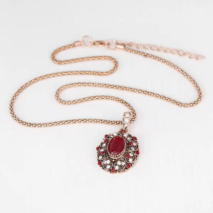 Retro Series Necklace Set Ancient KC Gold Ruby Necklace Earrings Ring Set of Thr