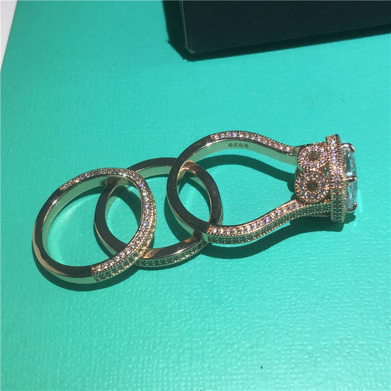 18K Rose Gold Vintage 3-In-1 Diamond Cz Ring Set 925 Sterling Silver Jewelry