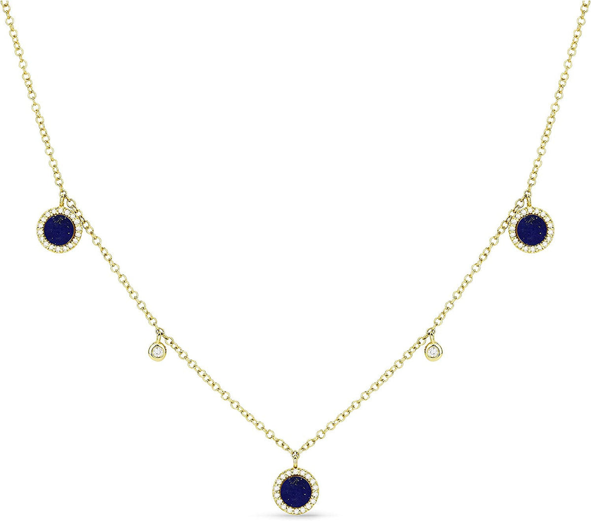14K Yellow Gold round Shape 0.25Ct Lapis Lazuli & 0.15Ct White Diamond Pendant N