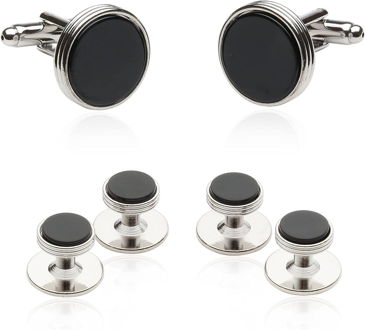 Mens Tuxedo Cufflinks and Studs Formal Set in Black Onyx and Silver with Travel