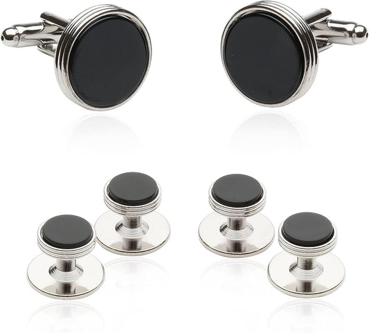 Mens Tuxedo Cufflinks and Studs Formal Set in Black Onyx and Silver with Travel
