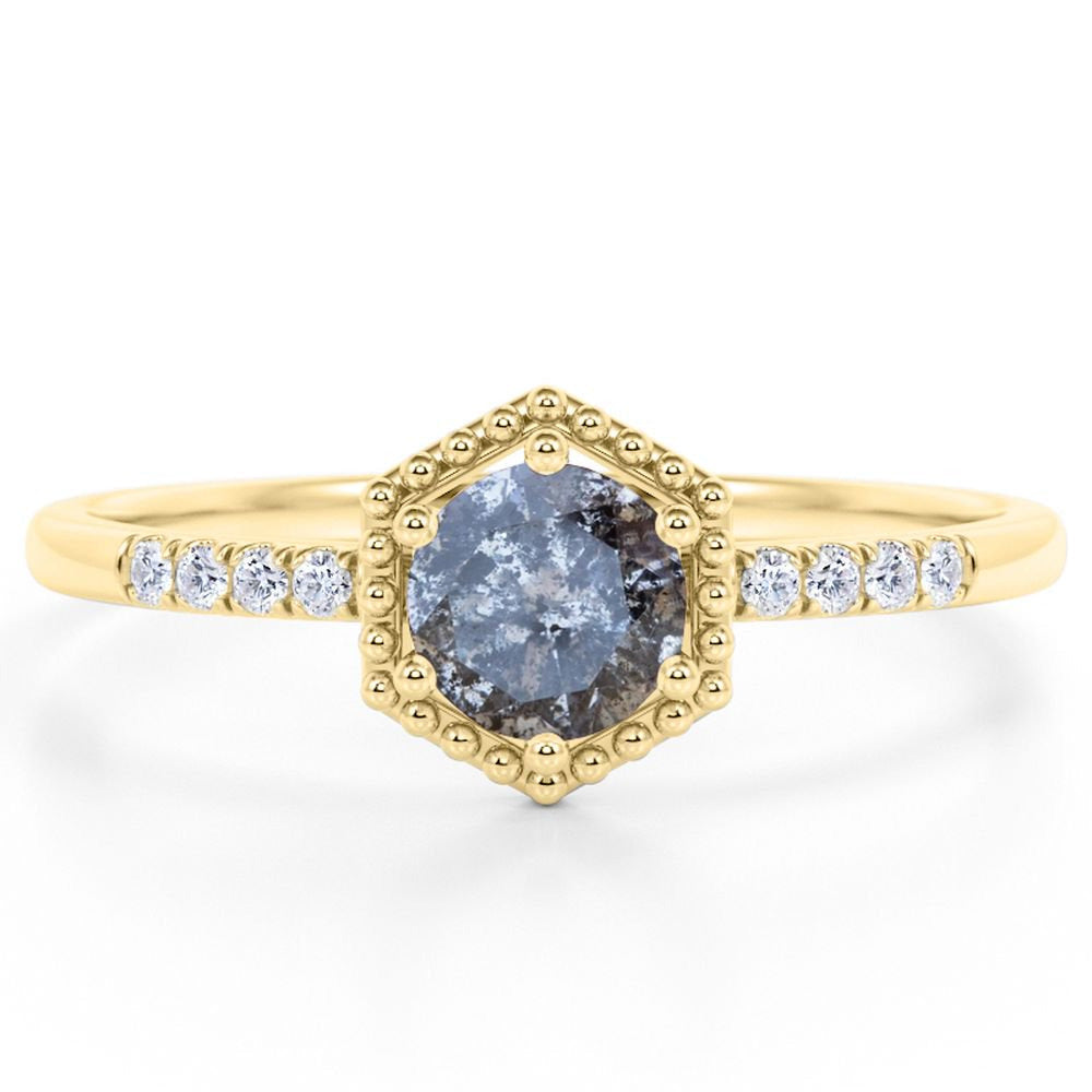 Hexagon .65 Carat round Cut Natural Salt and Pepper Diamond Pave Accent Minimali
