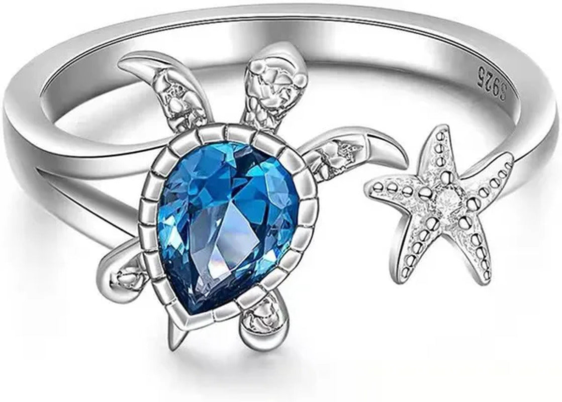 Unique Fashion Turtle Ring Sea Turtle Starfish Rings for Women Blue Stone Cute O