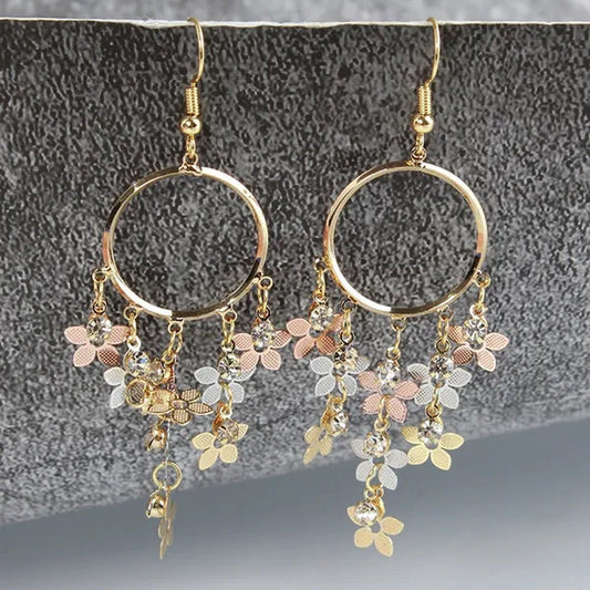 Woman Fashion Golden Circle Flower Tassel Earrings Jewelry