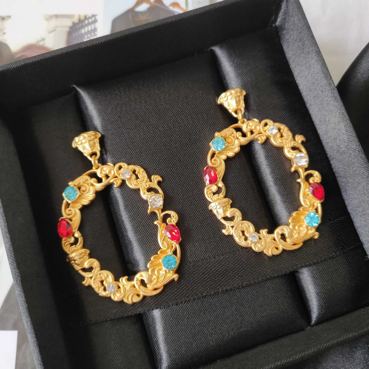 Human Head Medusa Fancy Diamond Flower Vine Earrings