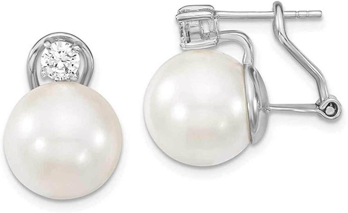 Sterling Silver White Imitation Shell Pearl Cubic Zirconia Omega Back Earrings (