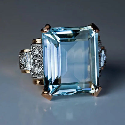 Classic Luxury Fashion Blue Gemstone Square Cut Gold Princess Elgant Lady Finger