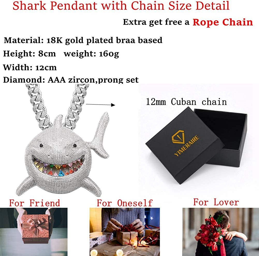 Hip Hop Jewelry 18K Gold Plated 3D Large Shark Pendant Iced Out Premium Zircon F