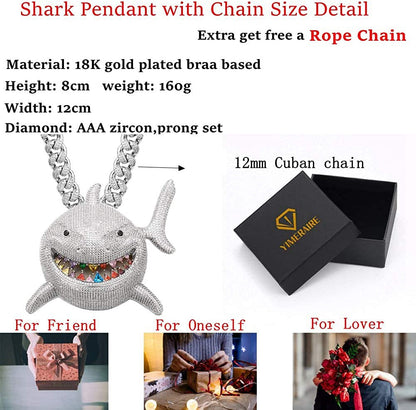 Hip Hop Jewelry 18K Gold Plated 3D Large Shark Pendant Iced Out Premium Zircon F