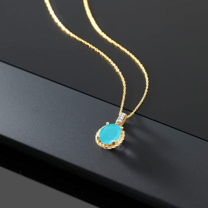 1.54 Ct Oval Green Turquoise White Diamond 10K Yellow Gold Pendant with Chain