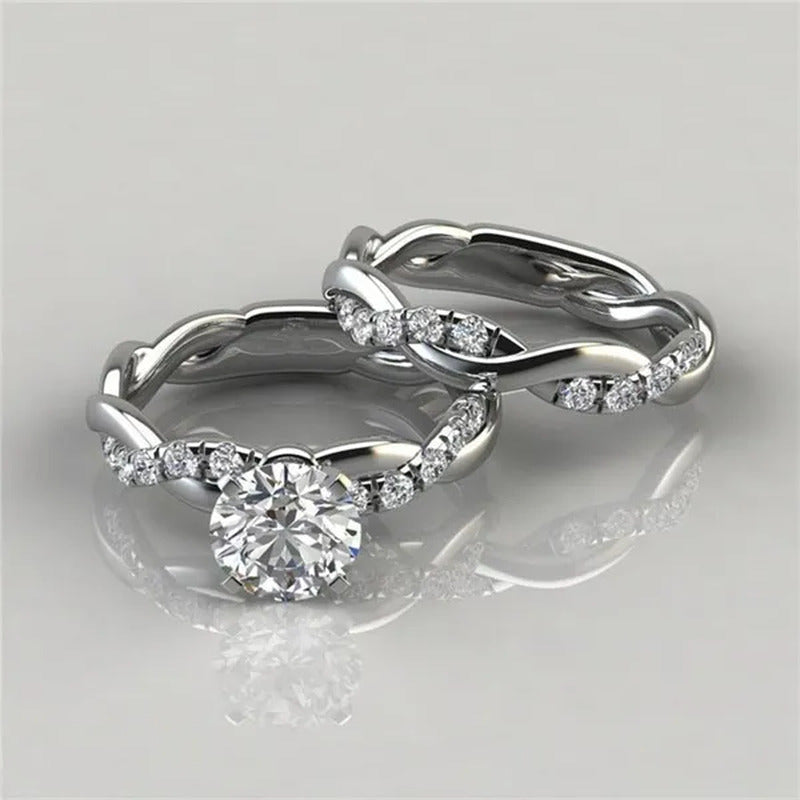 Women'S Delicate Stainless Steel Twist round Cut White Sapphire Ring Set Bridal
