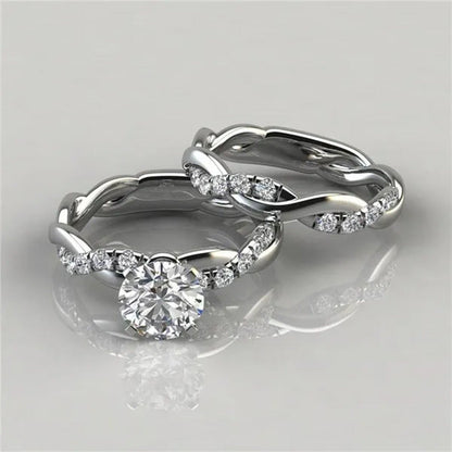 Women'S Delicate Stainless Steel Twist round Cut White Sapphire Ring Set Bridal