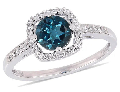 1.00 Carat (Ctw) Natural London Blue Topaz Ring in 10K White Gold with Diamonds