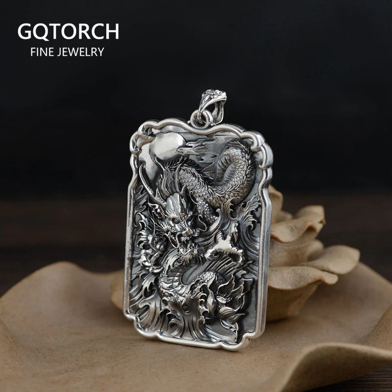 Sterling Silver 990 Vintage Auspicious Clouds Square Pendant for Men Carved