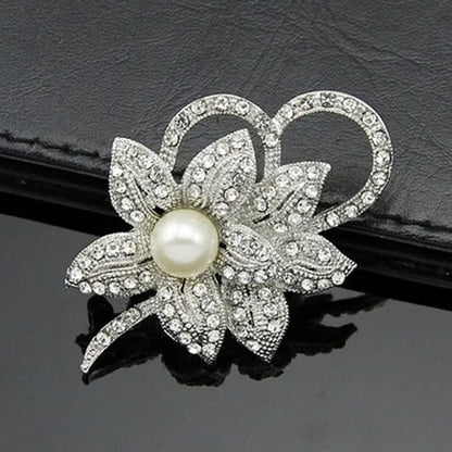 Retro Style Bright Crystal Imitation Pearl Big Bow Brooch for Women Wedding Acce