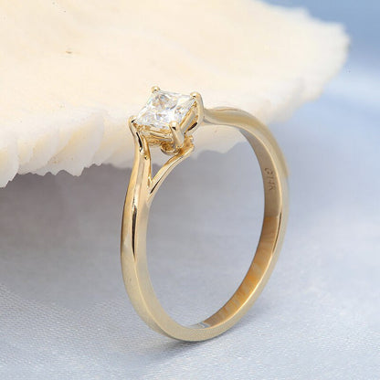 Real 10K Yellow Gold 4Mm Moissanite Princess Cut Engagement Ring