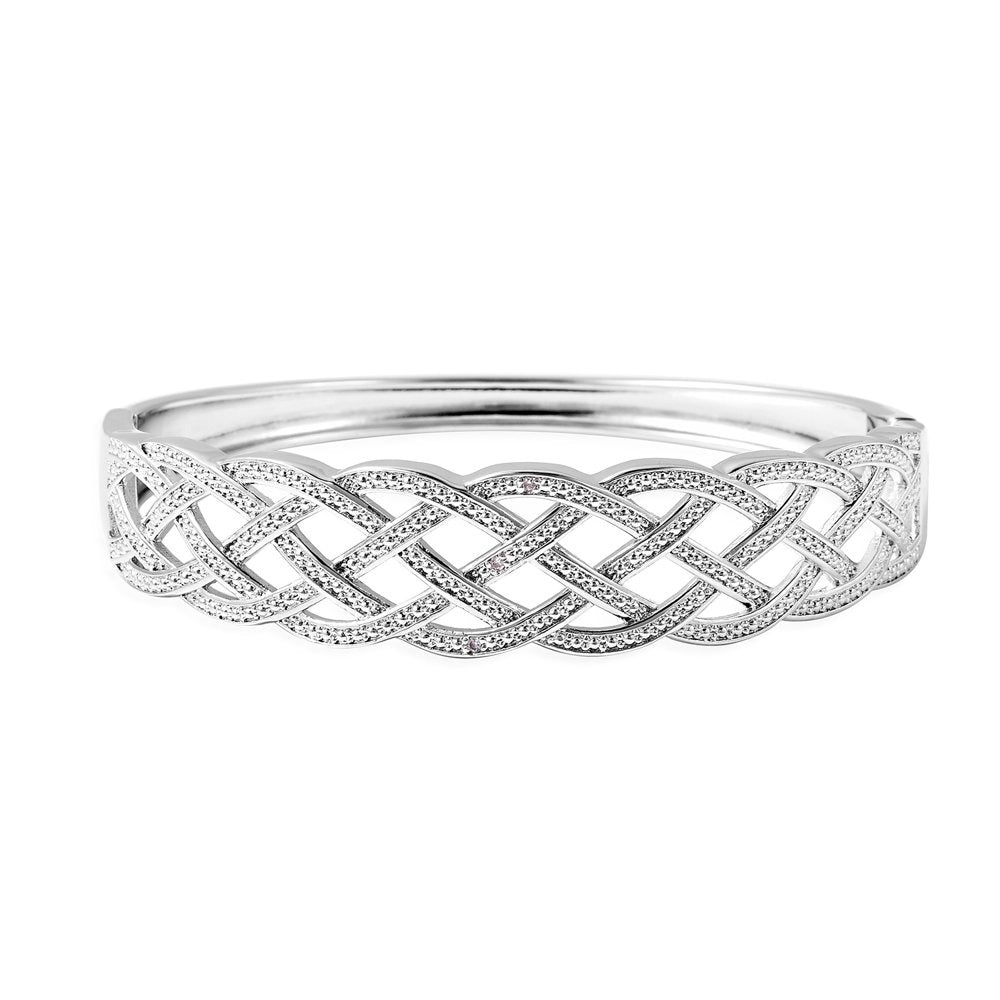 Diamond Silver Tone Weaved Bangle Cuff Bracelet 7" Ct 0.02 H-I I3"