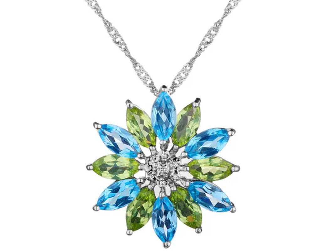 Blue Topaz and Peridot Flower (7.0 Carat Ctw) Pendant Necklace with Diamonds in
