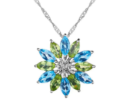 Blue Topaz and Peridot Flower (7.0 Carat Ctw) Pendant Necklace with Diamonds in
