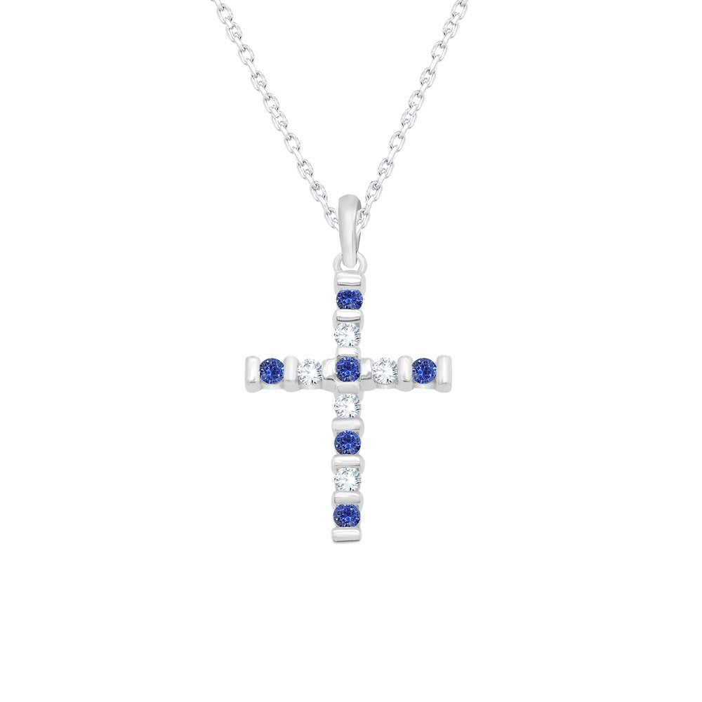 Cross Pendant Necklace round Cut 0.20 Simulated Blue Sapphire and 0.13 Natural D