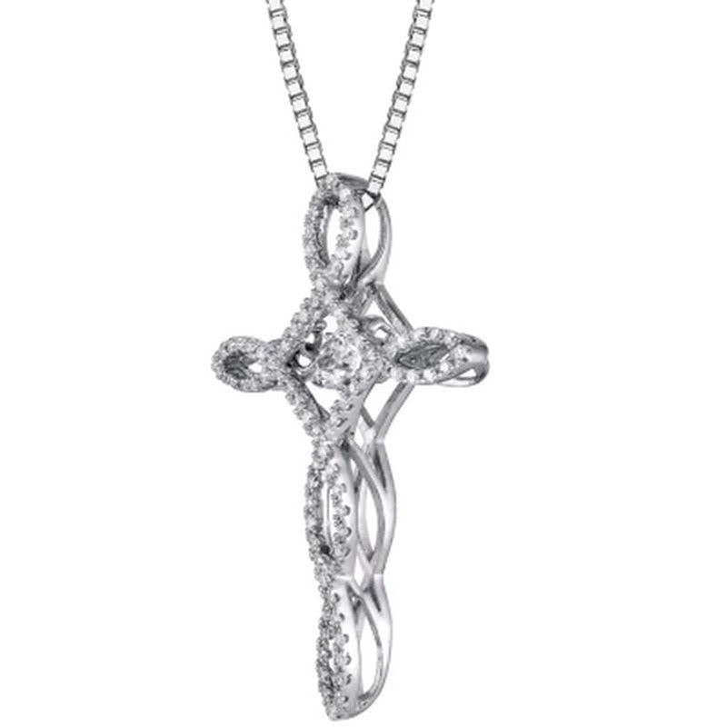Dancing Created White Sapphire and 0.15 CT. T.W. Diamond Cross Pendant in Sterli