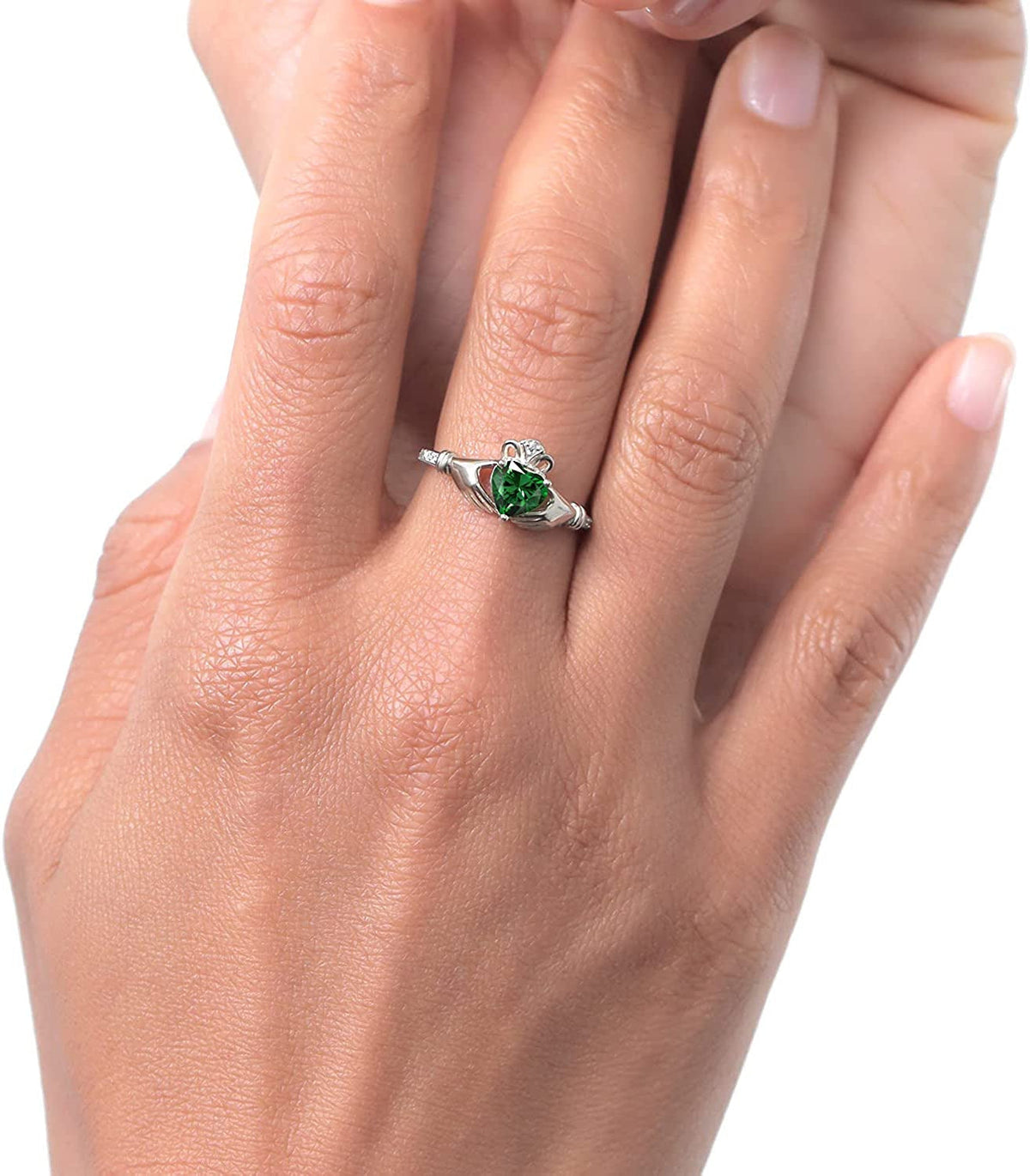 10K White Gold Green Simulated Emerald and White Diamond Irish Celtic Claddagh R