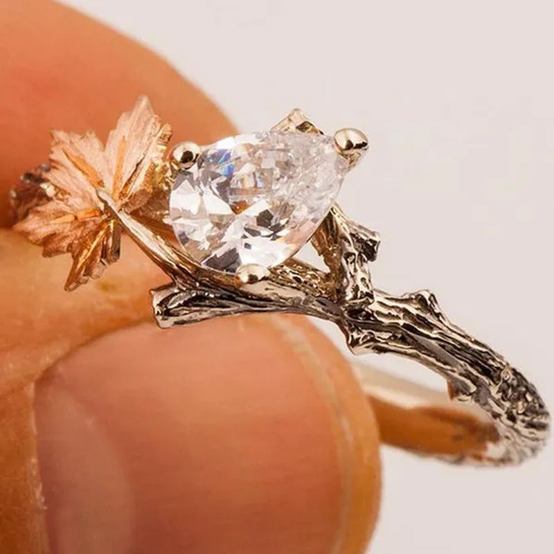 Vintage Maple Leaves Ring Women'S Fashion Rose Gold Twig Leaf Moonstone Ring Set