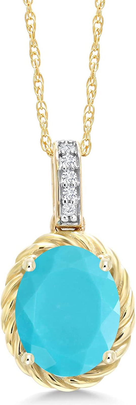 1.54 Ct Oval Green Turquoise White Diamond 10K Yellow Gold Pendant with Chain