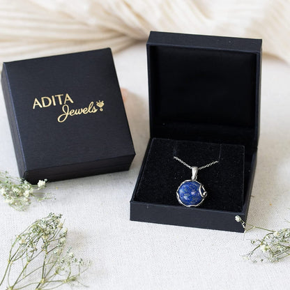 925 Sterling Silver Natural Lapis Necklace - 14Mm Blue Lapis Lazuli round Gemsto