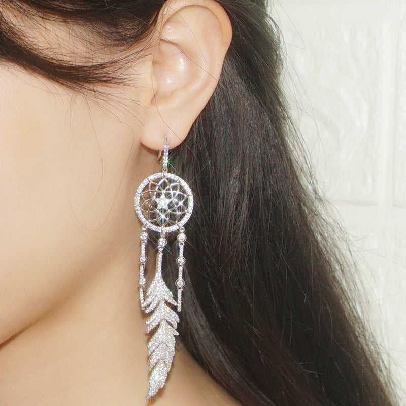 Sterling Silver Earrings Set with Diamonds to Catch Dream Net Feathers