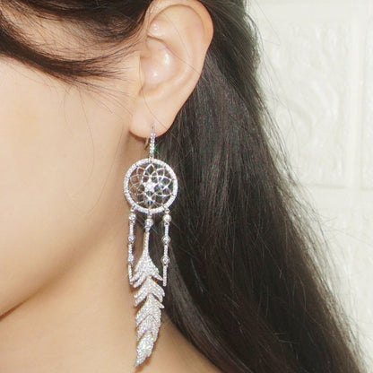 Sterling Silver Earrings Set with Diamonds to Catch Dream Net Feathers