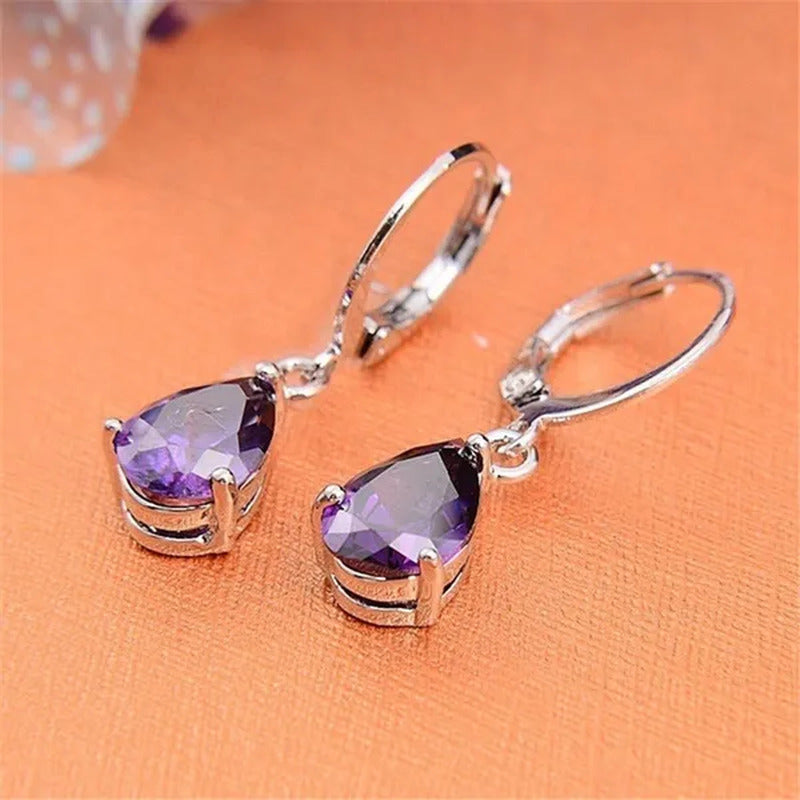 Women Silver Pink Sapphire Diamond Stud Earrings Water Drop Pendant Earrings Bri