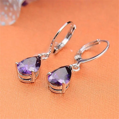 Women Silver Pink Sapphire Diamond Stud Earrings Water Drop Pendant Earrings Bri