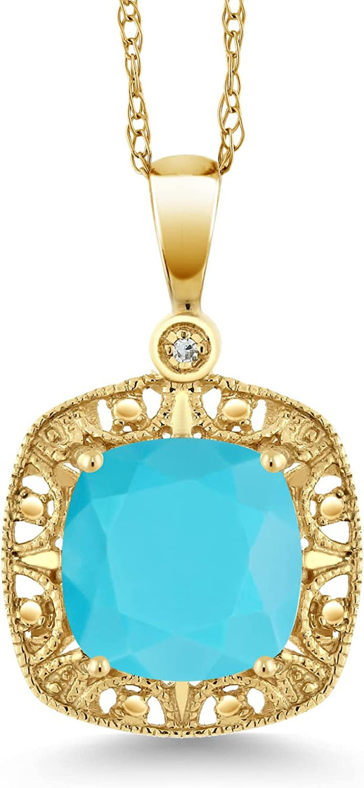 2.01 Ct Cushion Green Turquoise White Diamond 10K Yellow Gold Pendant with Chain