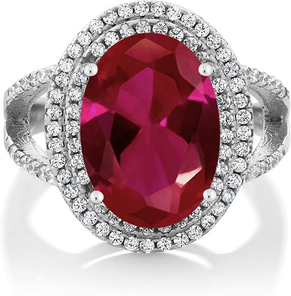 925 Sterling Silver Red Created Ruby Women'S Cocktail Engagement Ring (7.19 Cara
