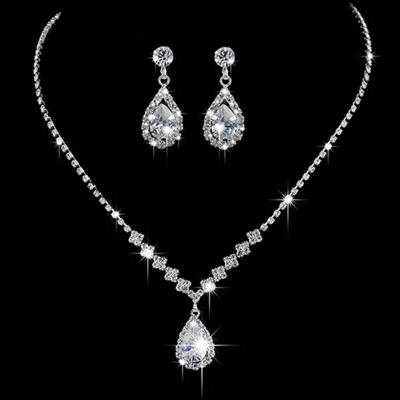 Wedding Silver Jewelry Set for Women Luxury Shiny Austrian Diamond Necklace Wate