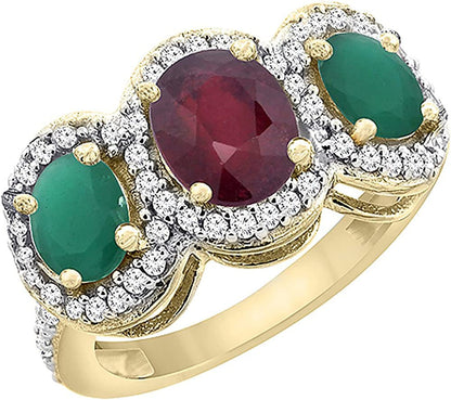 10K Yellow Gold Enhanced Ruby & Cabochon Emerald 3-Stone Ring Oval Diamond Accen
