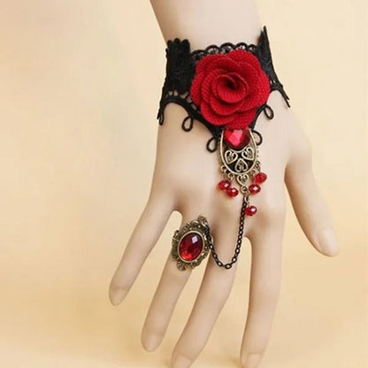 Jewelry Elegant Gothic Style Lace Red Rose Bracelet with Adjustable Finger Ring