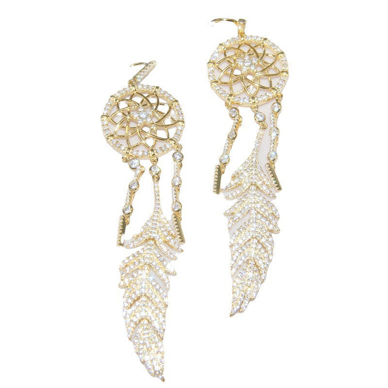 Sterling Silver Earrings Set with Diamonds to Catch Dream Net Feathers
