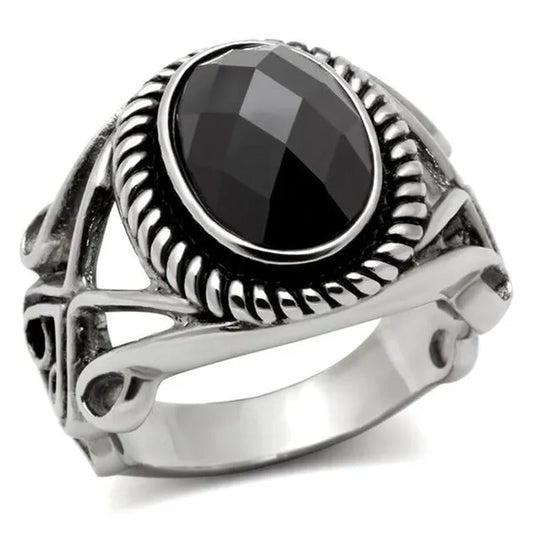 Men High Polished Stainless Steel Ring with AAA Grade CZ in Black Diamond - Size