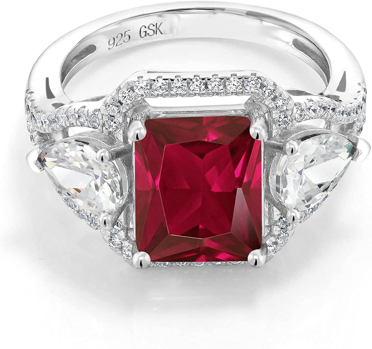 925 Sterling Silver Red Created Ruby Women'S Ring (4.59 Cttw, Emerald Cut 10X8MM