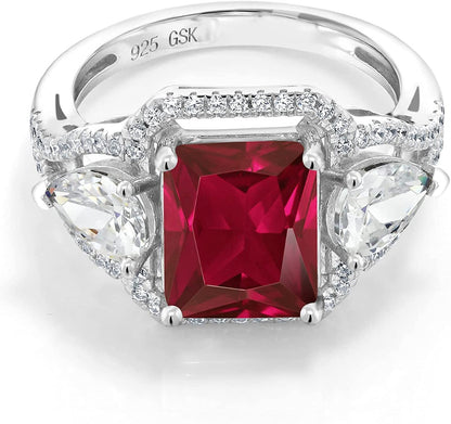 925 Sterling Silver Red Created Ruby Women'S Ring (4.59 Cttw, Emerald Cut 10X8MM