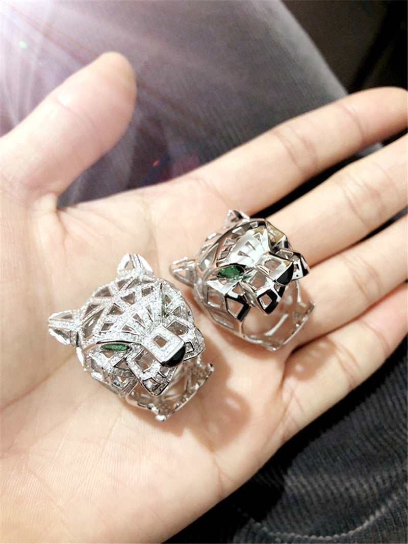 Silver Ring with Diamond-Free Gold and Green Eyes and Emeralds