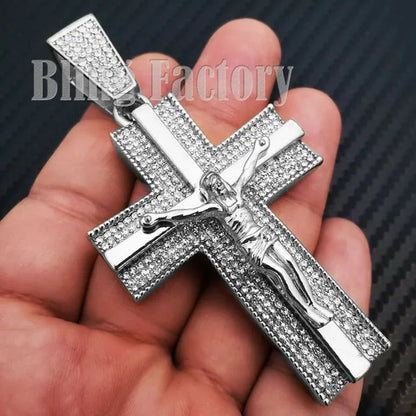 Men'S Iced Gold/Silver Hip Hop Large Holy Jesus Cross Bling Lab Diamond Charm Pe